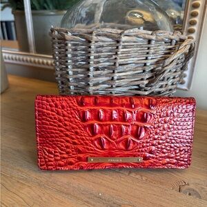 Brahmin Red Croc-Embossed Leather Wallet with Gold Plate